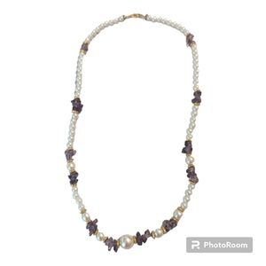 Vintage Pearls & Amethyst Nuggets Gold Tone Beaded Necklace 21"